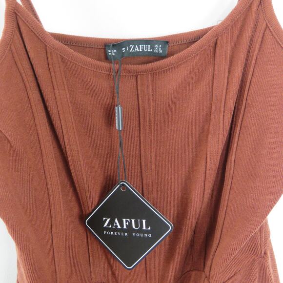Zaful Brown Front Slit Spaghetti Strap Mini Dress Bodycon Sexy Small - Picture 6 of 7
